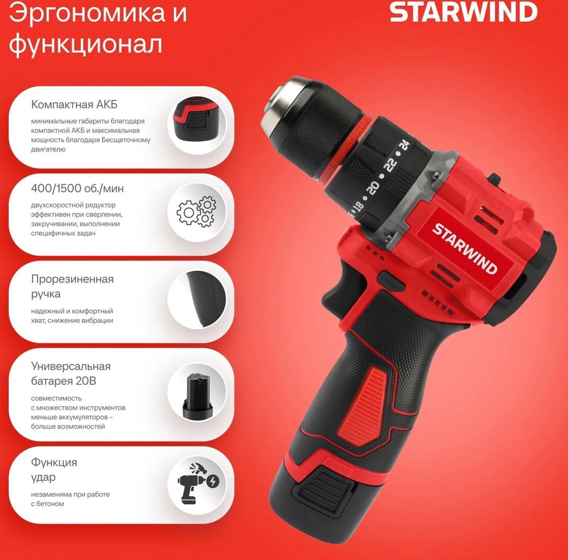 Ударная дрель-шуруповерт StarWind CDBT16-2.0/2HS1 (с 2-мя АКБ, кейс)