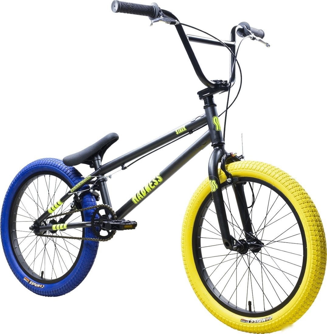 Велосипед Stark Madness BMX 1 2025 (графит матовый/желтый/синий)