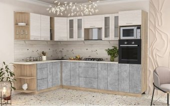 Готовая кухня Интерлиния Мила 1.88x3.0 левая (вудлайн кремовый-бетон-бискайская сосна)