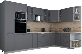 Готовая кухня Интерлиния Мила Gloss 1.88x3.4 правая (серый софт/серый софт/травертин серый)
