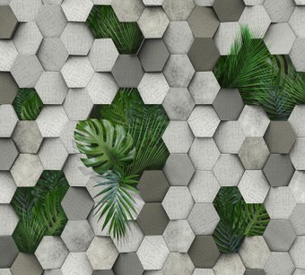 Фотообои Vimala 3D Шестиугольники и листья пальмы 270x300