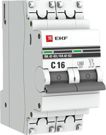 Выключатель автоматический EKF ВА 47-63 2P 16А (C) 4.5kA PROxima mcb4763-2-16C-pro