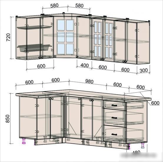 Угловая кухня Интерлиния Мила Деко 1.2x2.2 (мята/травертин серый)