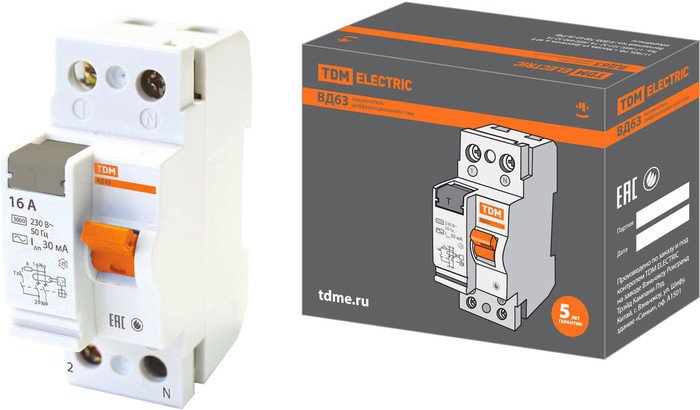Устройство защитного отключения TDM Electric ВД63-2P-16А-30мА SQ0220-0001