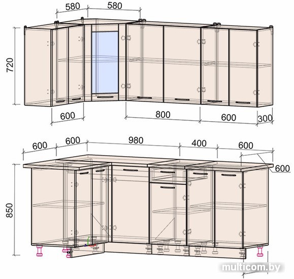 Готовая кухня Интерлиния Мила 12x20 (серебристый-бетон-бискайская сосна)