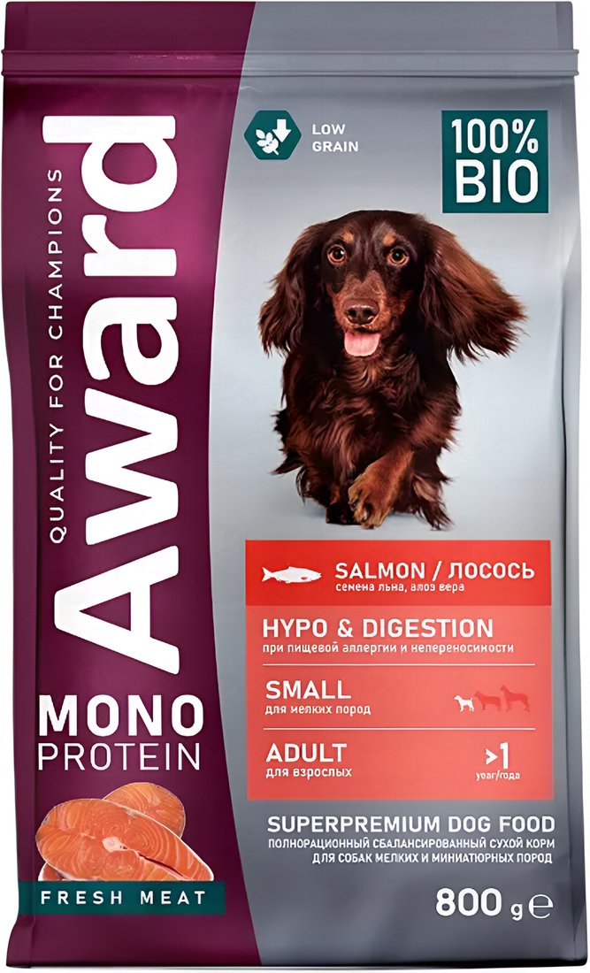 Сухой корм для собак Award Monoprotein из лосося с добавл. семян льна и алоэ вера 6201104 0.8 кг