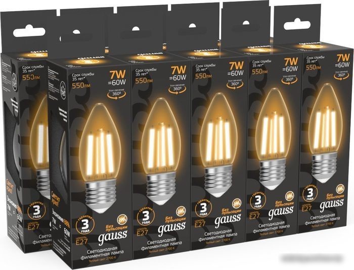 Светодиодная лампочка Gauss Filament Свеча 7W 550lm 2700К Е27 LED 1/10/50 103802107