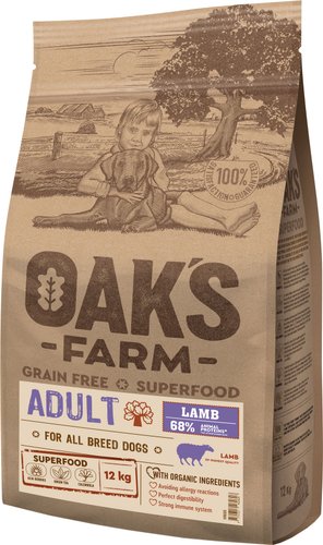 Сухой корм для собак Oak's Farm Беззерновой для взрослых собак всех пород. Ягненок 12 кг