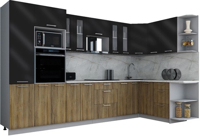 Готовая кухня Интерлиния Мила Gloss 1.68x3.4 правая (черный глянец/дуб вотан/травертин серый)