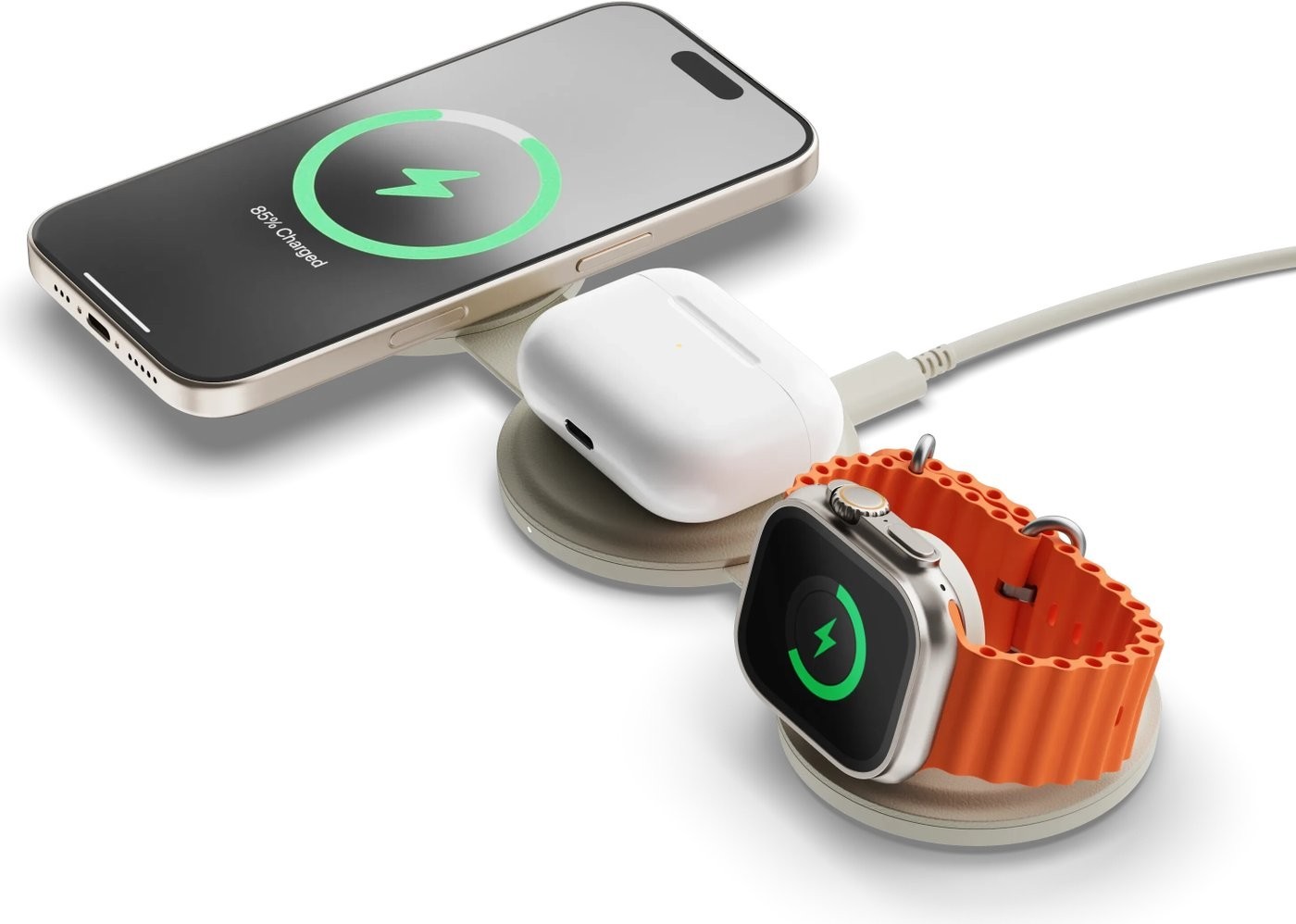 Беспроводное зарядное Satechi OntheGo 3-in-1 Charger ST-QTG31W (бежевый)