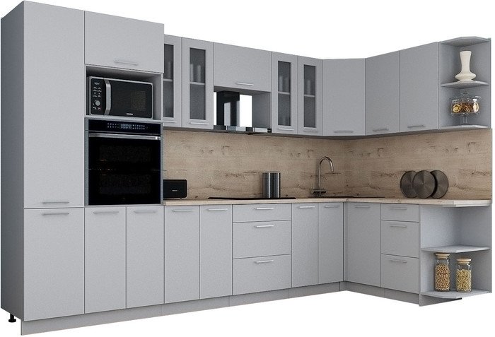 Готовая кухня Интерлиния Мила Gloss 1.68x3.4 правая (пепел софт/пепел софт/травертин серый)