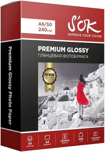 Фотобумага S'OK Premium глянцевая A6 240 г/м2 50 л SA6240050G