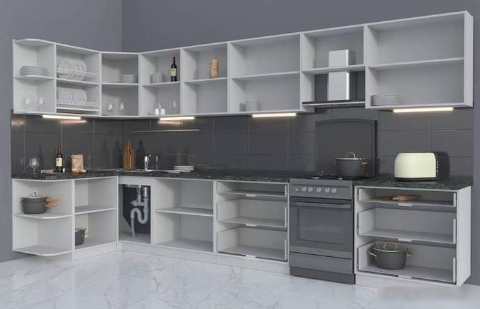 Готовая кухня Интерлиния Мила Матте 1.5x4.0 Б правая (луна-луна-травертин серый)