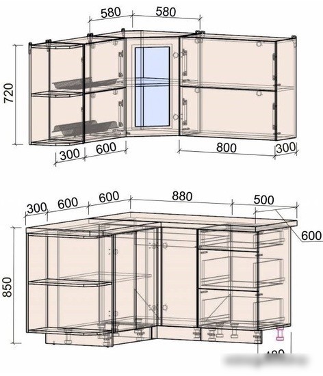 Готовая кухня Интерлиния Мила Матте 1.5x1.4 А правая (луна-луна-травертин серый)