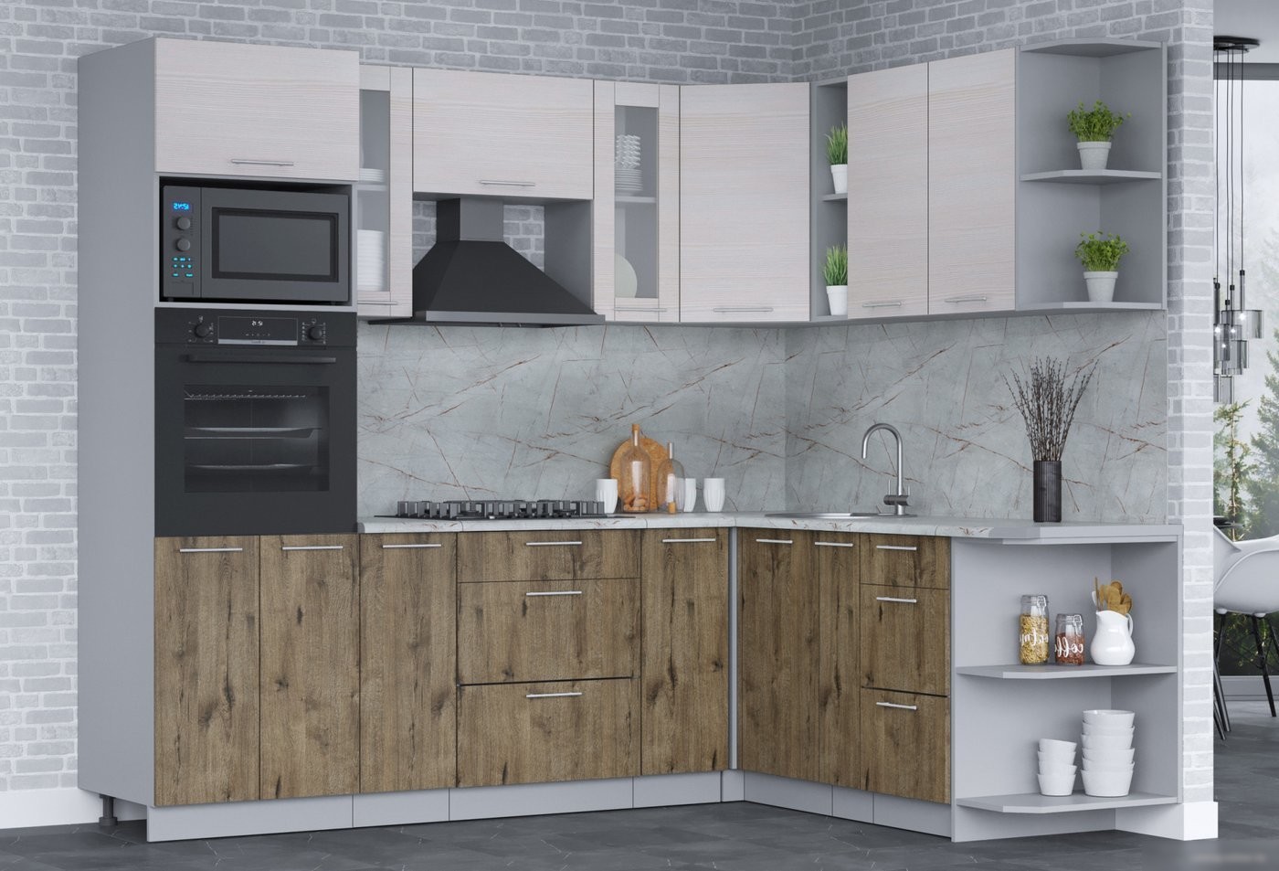 Готовая кухня Интерлиния Мила 1.88x2.4 правая (вудлайн кремовый/дуб веллингтон/серый каспий)