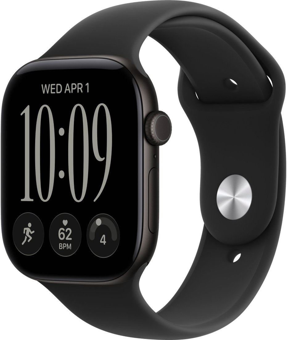 Умные часы Apple Watch Series 12 46 мм (алюминиевый корпус, черный/черный, спортивный силиконовый ремешок S/M)