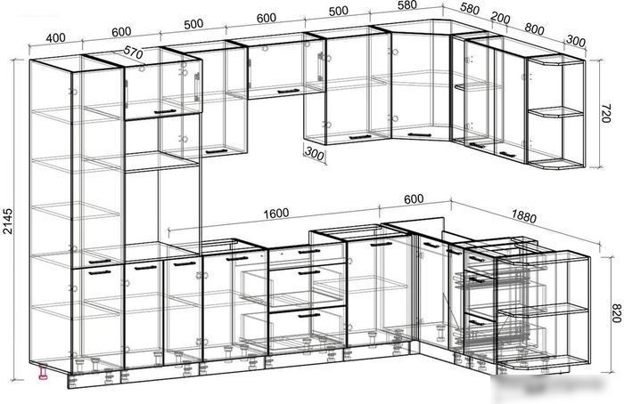 Готовая кухня Интерлиния Мила Лайт 1.88x3.2 правая без столешницы (дуб белый/дуб золотой)