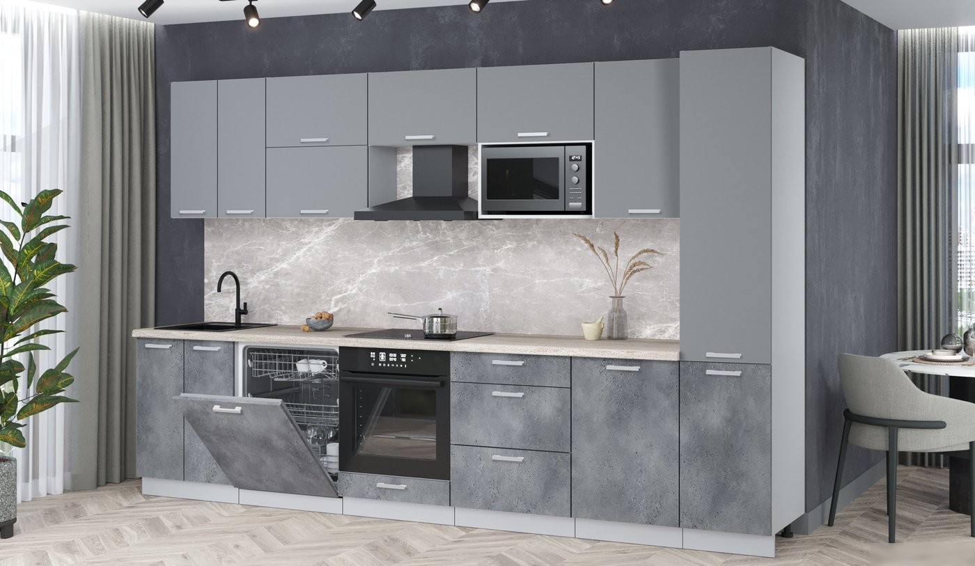 Готовая кухня Интерлиния Мила Лайт 3.3-ПМ2 (серебро/бетон портленд/травертин серый)