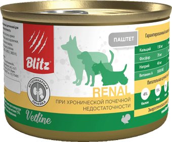 Консервированный корм для собак Blitz Pets Dog Vetline Renal с индейкой 4120В (200 г)