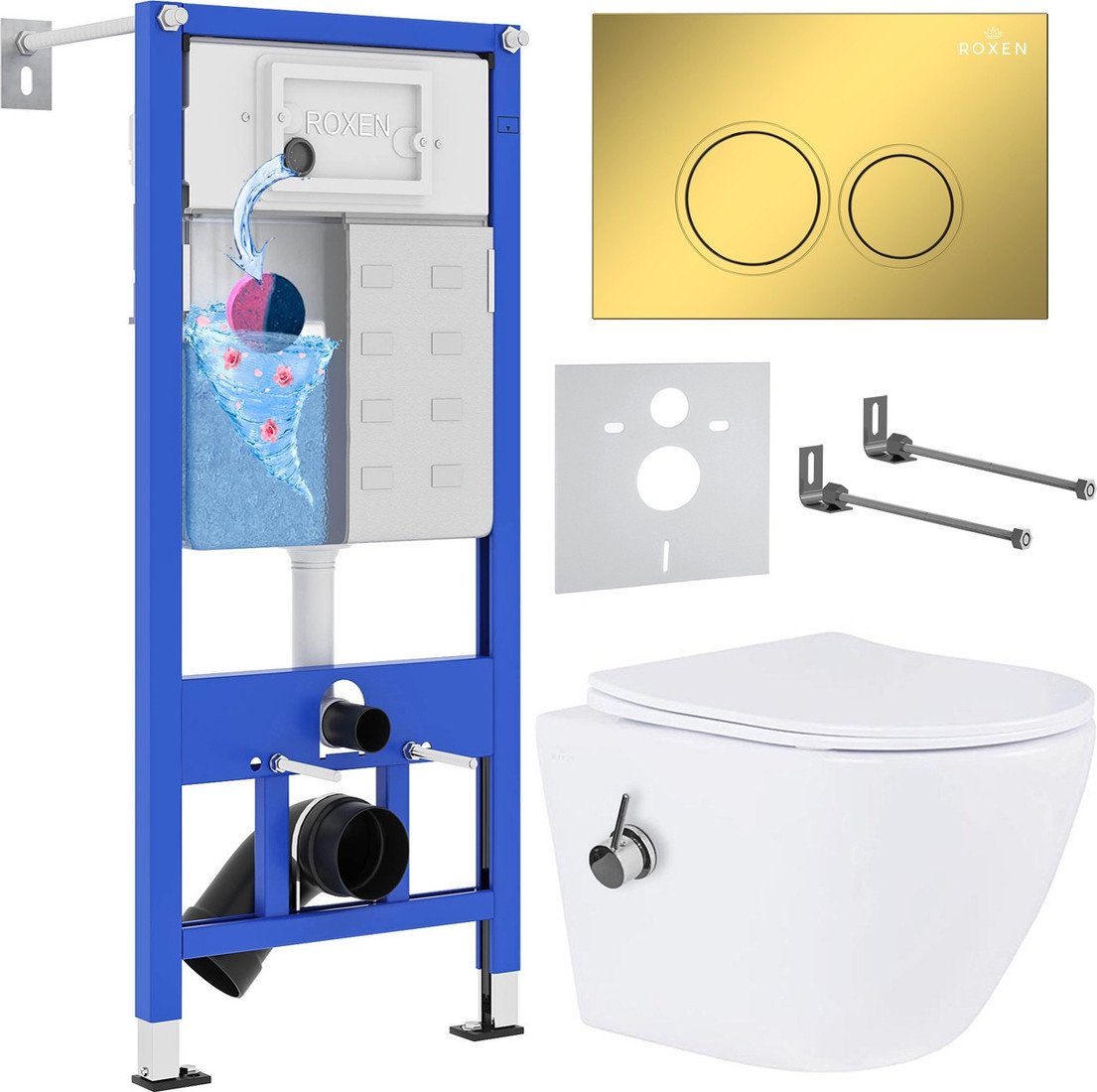 Унитаз подвесной Roxen Antares bidet в комплекте с инсталляцией StounFix Dual Fresh 6 в 1 968097 (кнопка: золото глянцевое ) Унитаз подвесной Roxen Antares bidet в комплекте с инсталляцией StounFix Dual Fresh 6 в 1 968097 (кнопка: золото глянцевое )