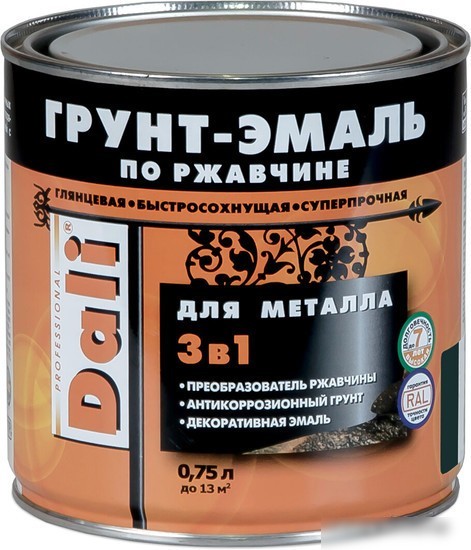 Грунт-эмаль Dali Молотковая по ржавчине 3 в 1 0.75 л (черный)