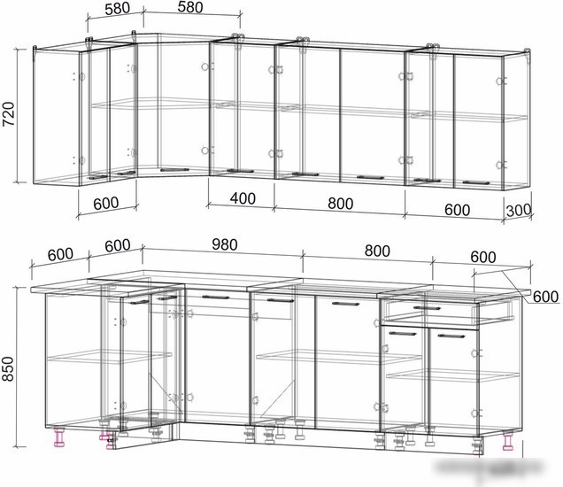 Готовая кухня Интерлиния Мила Лайт 1.2x2.4 (бетон-бетон-кастилло темный)