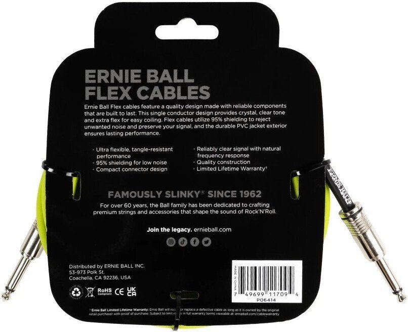 Гитарный кабель Ernie Ball P06414 6.3 мм - 6.3 мм (3 м, неоновый желтый)