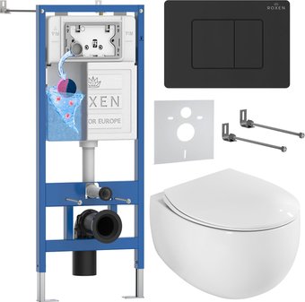 Унитаз подвесной Roxen EGG в комплекте с инсталляцией StounFix Dual Fresh 6 в 1 868608 (кнопка: оружейная сталь матовая)
