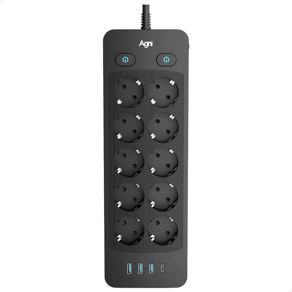 Сетевой фильтр Agni TP-FO4U10E-С-5m-black (5м, 10 розеток, черный)