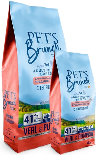 Сухой корм для собак Pet's Brunch для взрослых собак средних пород с телятиной 4 кг