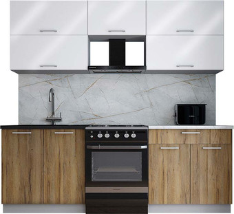 Готовая кухня Интерлиния Мила Gloss 60-22 (белый глянец/дуб вотан/травертин серый)