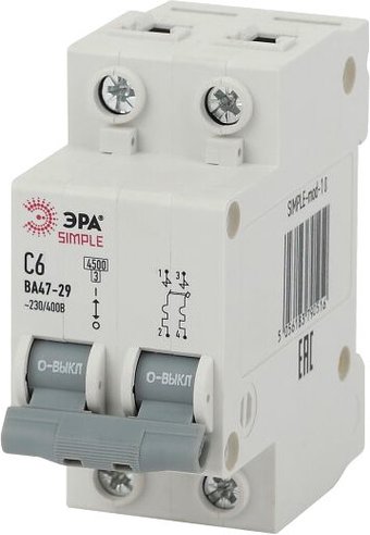 Выключатель автоматический ЭРА Simple-Mod-10 ВА 47-29 2P 6А 4.5кА C Б0039227