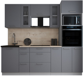 Готовая кухня Интерлиния Мила Gloss 2.4 (серый софт/серый софт/травертин серый)