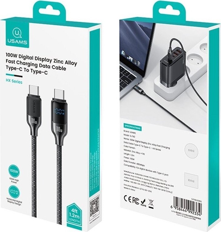 Кабель Usams SJ742 USB Type-C - USB Type-C (1.2 м, черный)