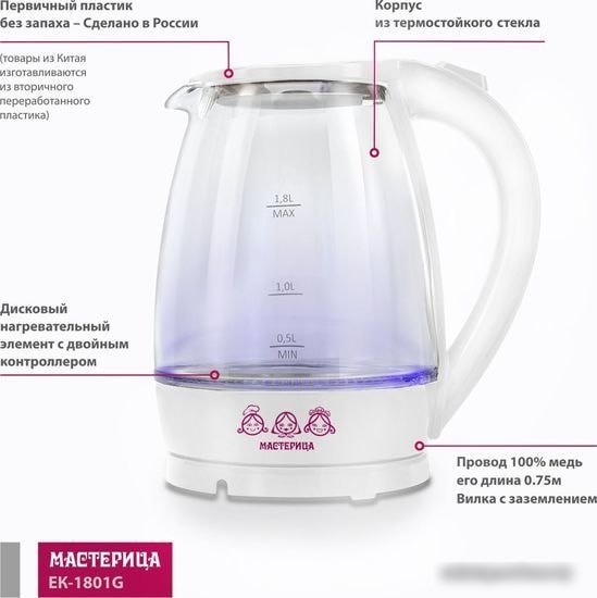 Электрочайник Мастерица EK-1801G (белый)