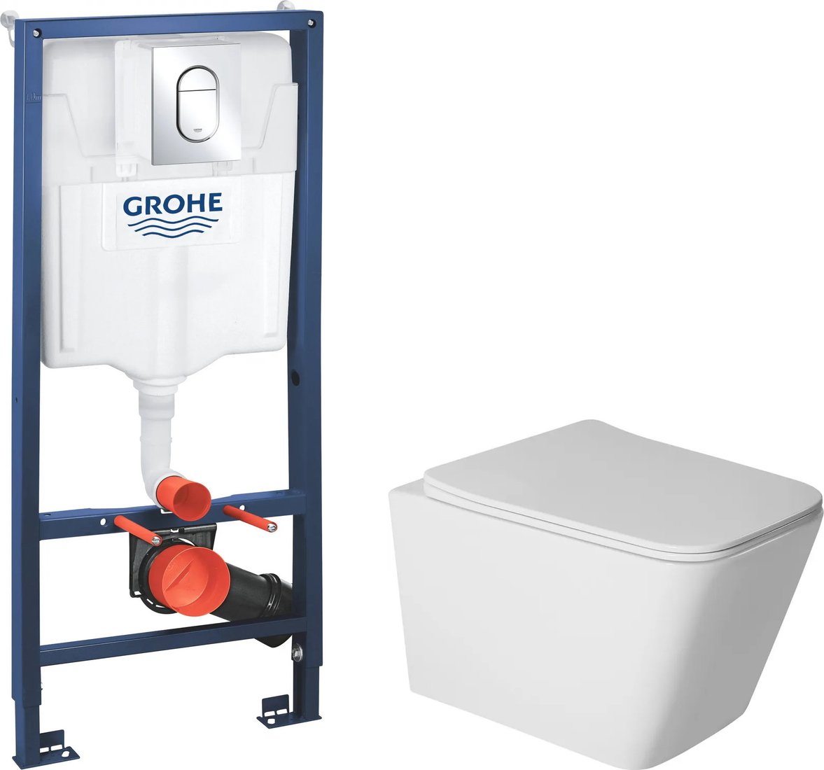 Унитаз подвесной Saniteco Rimless R-202W + GROHE Rapid SL 39504000 (с кнопкой хром глянец)