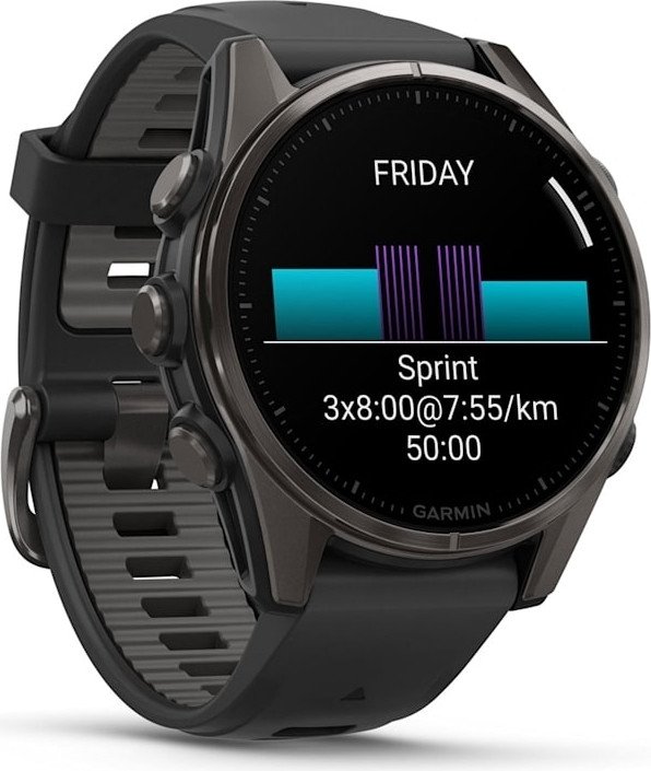 Умные часы Garmin Fenix 8 Sapphire 43мм (титановый угольно-черный DLC, пепельно-серый ремешок)
