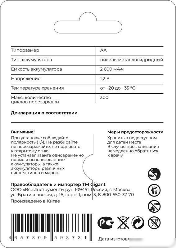 Аккумулятор Gigant АА 2600 мАч (2 шт)