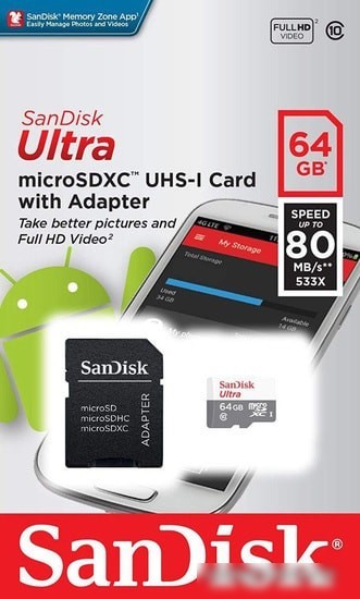 Карта памяти SanDisk Ultra SDSQUNR-064G-GN3MA microSDXC 64GB (с адаптером)