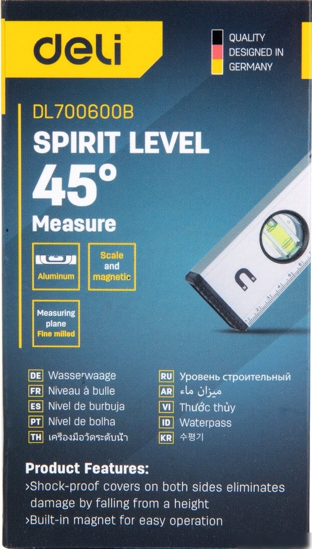 Уровень строительный Deli YS EDL700600B (600мм, магнит, алюминиевый сплав)