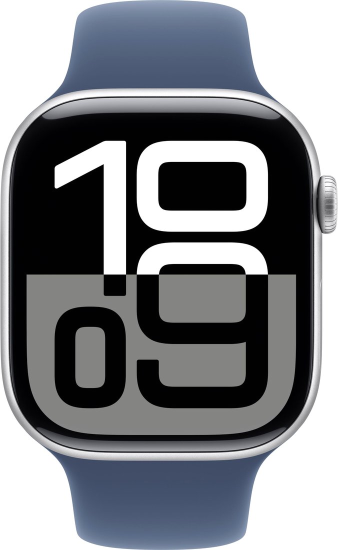 Умные часы Apple Watch Series 10 46 мм (алюминиевый корпус, серебристый/синий, спортивный силиконовый ремешок S/M)