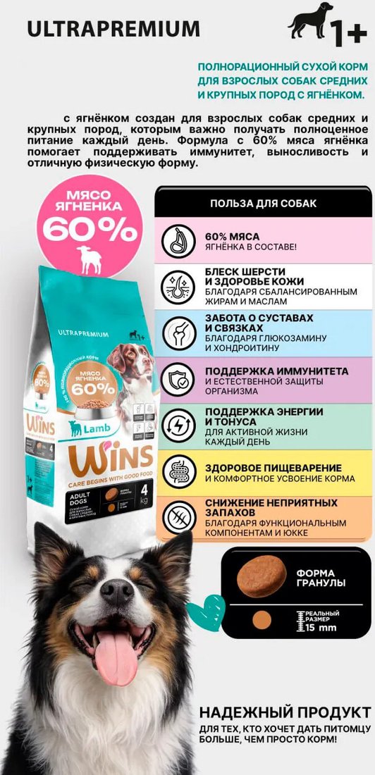 Сухой корм для собак Wins Для средних и крупных пород с ягненком 4кг
