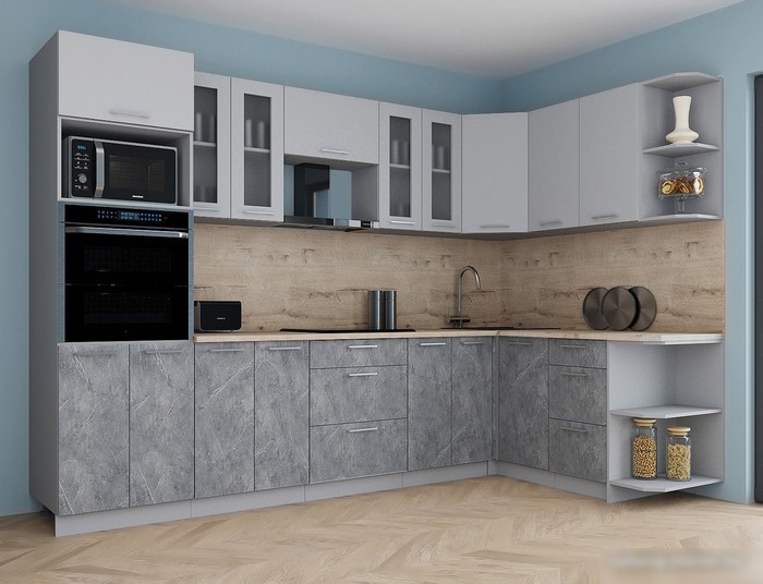 Готовая кухня Интерлиния Мила Gloss 1.68x3.0 правая (пепел софт/керамика/травертин серый)