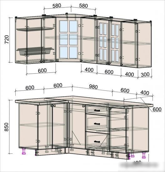 Угловая кухня Интерлиния Мила Деко 1.2x2.0 (мята/травертин серый)