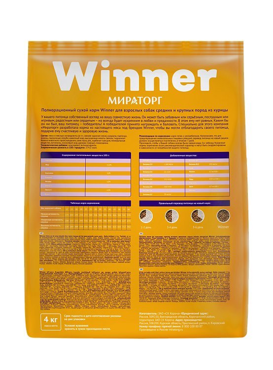 Сухой корм для собак Мираторг Winner для взрослых собак средних и крупных пород с курицей (4 кг)