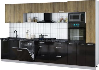 Готовая кухня Интерлиния Мила Gloss 3.5-ПМ1 (черный глянец/дуб вотан/кастилло темный)