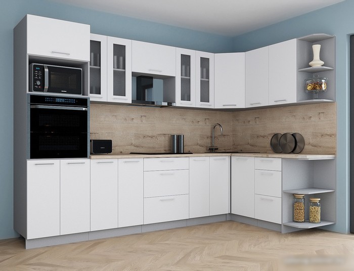Готовая кухня Интерлиния Мила Gloss 1.68x3.0 правая (белый софт/белый софт/травертин серый)