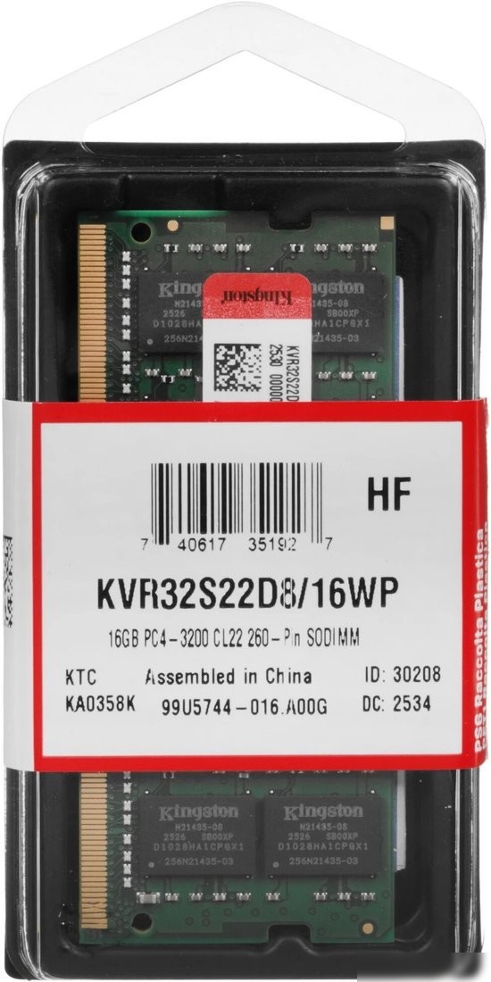 Оперативная память Kingston 16GB DDR4 SODIMM PC4-25600 KVR32S22D8/16WP