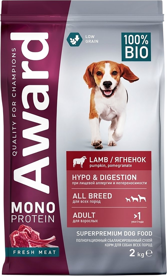 Сухой корм для собак Award Monoprotein из ягненка с добавлением тыквы и граната 6201036 2 кг