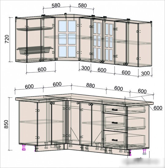 Готовая кухня Интерлиния Мила Деко 1.2x2.1 (индиго/индиго/опал светлый)